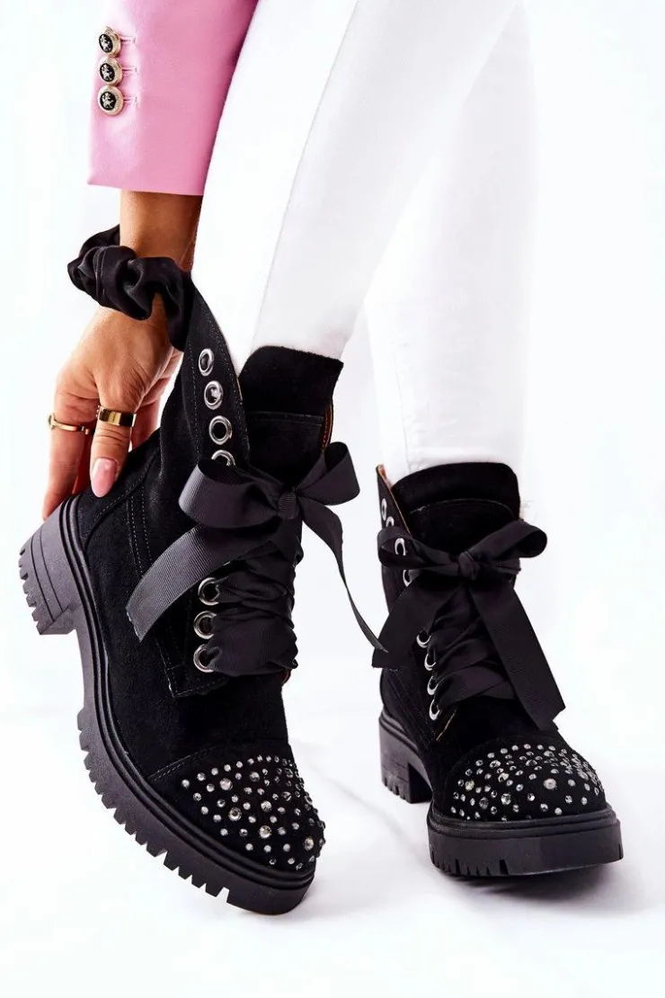 Damskie Boto Zamszowe Botki Workery Lewski Shoes Wiązane 3069 Czarne