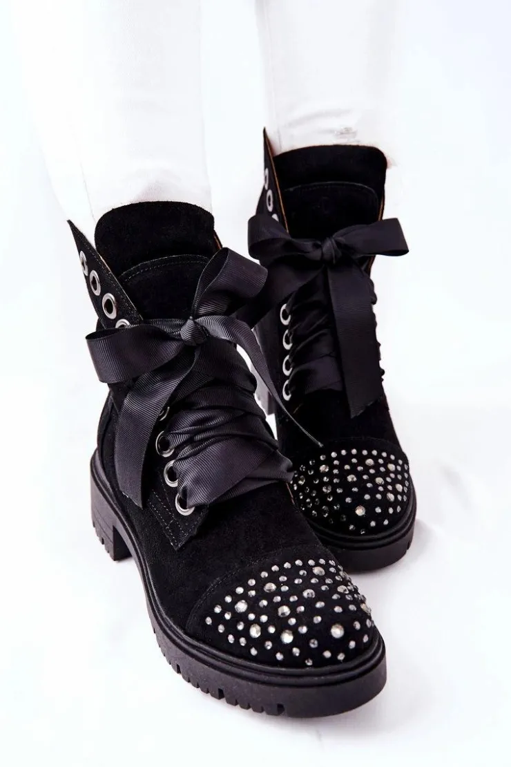 Damskie Boto Zamszowe Botki Workery Lewski Shoes Wiązane 3069 Czarne