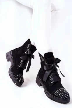 Damskie Boto Zamszowe Botki Workery Lewski Shoes Wiązane 3069 Czarne
