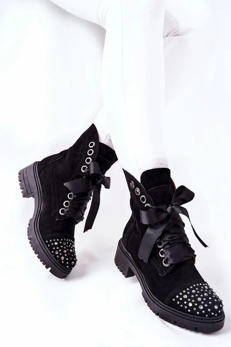 Damskie Boto Zamszowe Botki Workery Lewski Shoes Wiązane 3069 Czarne