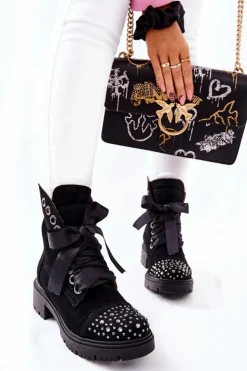 Damskie Boto Zamszowe Botki Workery Lewski Shoes Wiązane 3069 Czarne