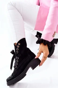 Damskie Boto Zamszowe Botki Workery Lewski Shoes Wiązane 3069 Czarne