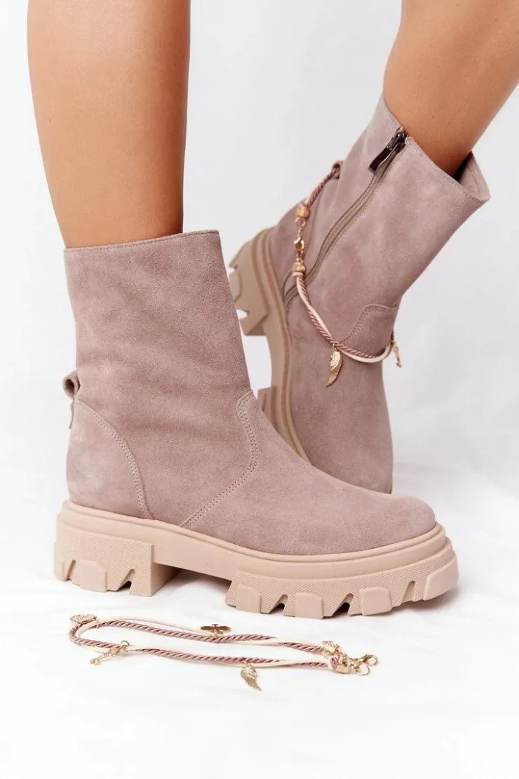 Boto Botki Wiosenne|Brązowe I Beżowe Botki*Zamszowe Botki Workery Lewski Shoes 3006-0 Beżowe