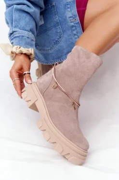 Boto Botki Wiosenne|Brązowe I Beżowe Botki*Zamszowe Botki Workery Lewski Shoes 3006-0 Beżowe