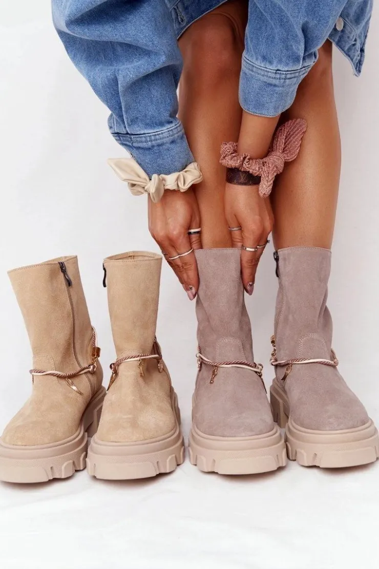 Boto Botki Wiosenne|Brązowe I Beżowe Botki*Zamszowe Botki Workery Lewski Shoes 3006-0 Beżowe