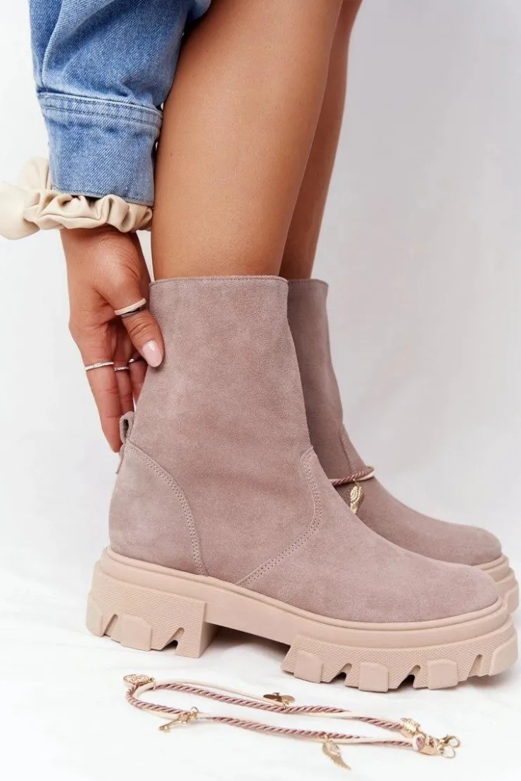 Boto Botki Wiosenne|Brązowe I Beżowe Botki*Zamszowe Botki Workery Lewski Shoes 3006-0 Beżowe