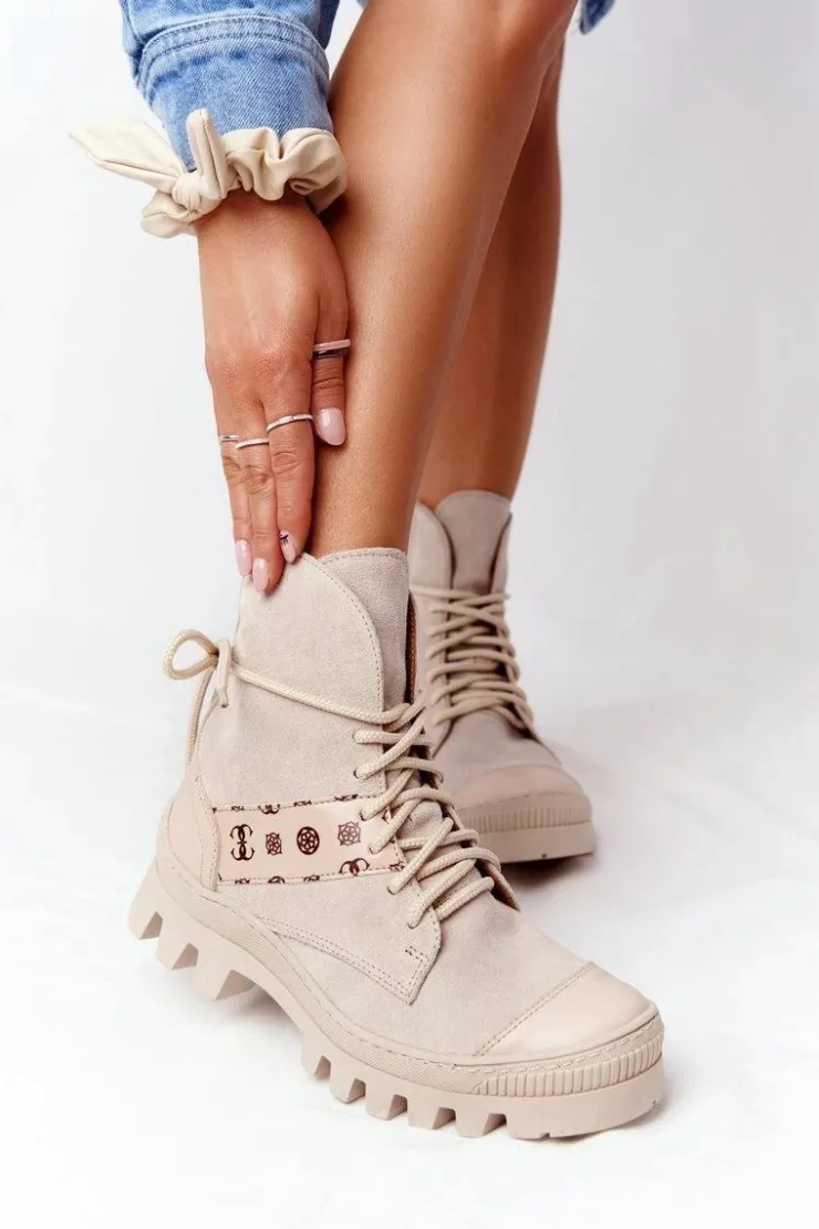 Boto Botki Wiosenne|Botki Sznurowane*Zamszowe Botki Workery Lewski Shoes 2942-0 Jasny Beż