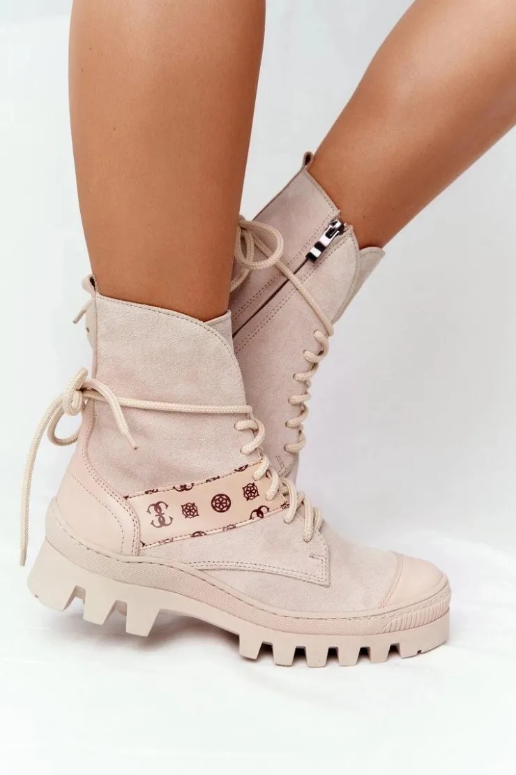 Boto Botki Wiosenne|Botki Sznurowane*Zamszowe Botki Workery Lewski Shoes 2942-0 Jasny Beż