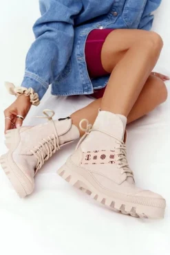 Boto Botki Wiosenne|Botki Sznurowane*Zamszowe Botki Workery Lewski Shoes 2942-0 Jasny Beż