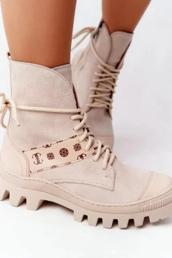 Boto Botki Wiosenne|Botki Sznurowane*Zamszowe Botki Workery Lewski Shoes 2942-0 Jasny Beż