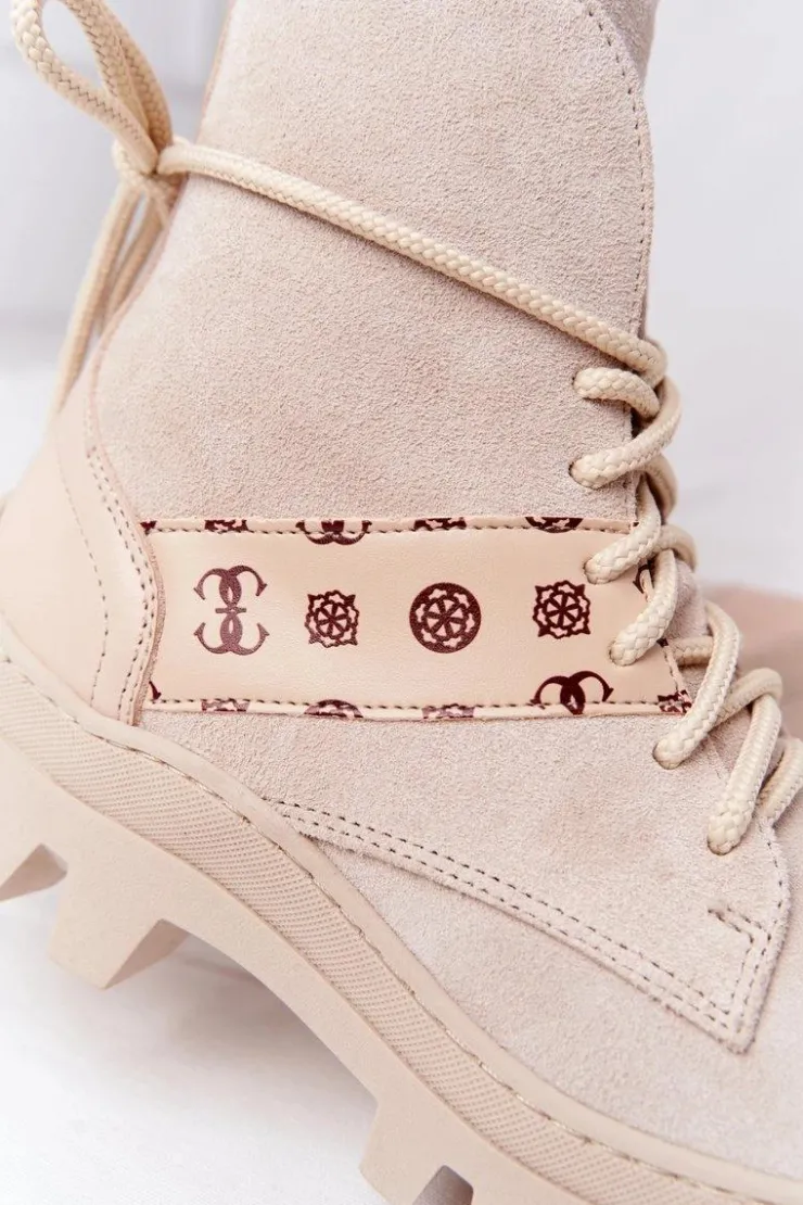 Boto Botki Wiosenne|Botki Sznurowane*Zamszowe Botki Workery Lewski Shoes 2942-0 Jasny Beż