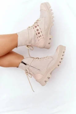 Boto Botki Wiosenne|Botki Sznurowane*Zamszowe Botki Workery Lewski Shoes 2942-0 Jasny Beż