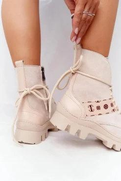 Boto Botki Wiosenne|Botki Sznurowane*Zamszowe Botki Workery Lewski Shoes 2942-0 Jasny Beż