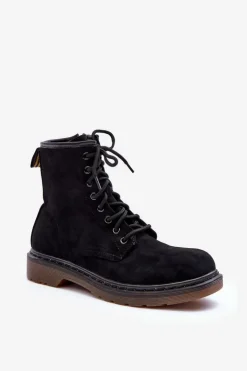 Damskie Boto Zamszowe Botki Workery Na Płaskim Obcasie Czarne Asteoris