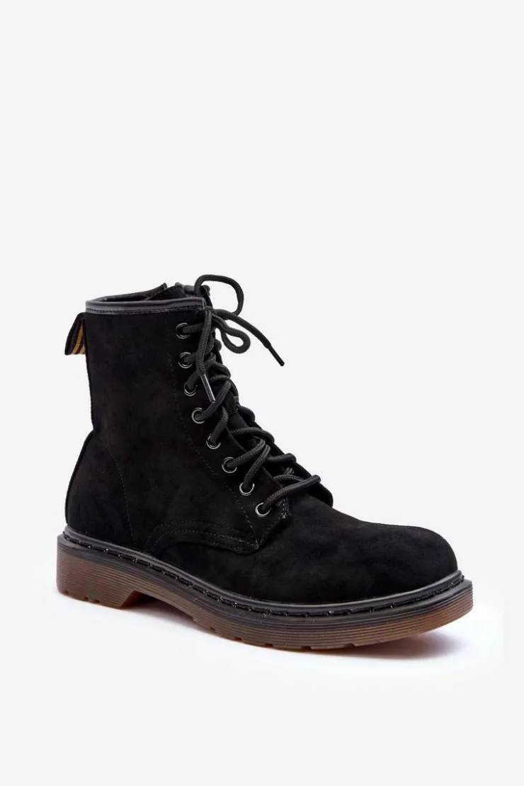 Damskie Boto Zamszowe Botki Workery Na Płaskim Obcasie Czarne Asteoris