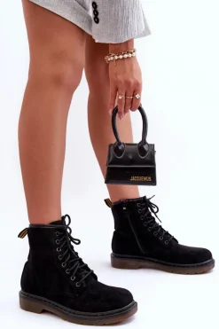 Damskie Boto Zamszowe Botki Workery Na Płaskim Obcasie Czarne Asteoris