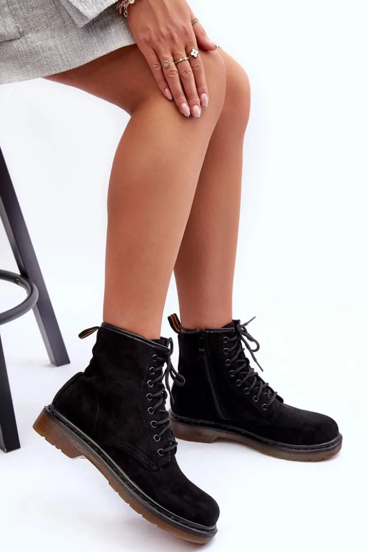 Damskie Boto Zamszowe Botki Workery Na Płaskim Obcasie Czarne Asteoris