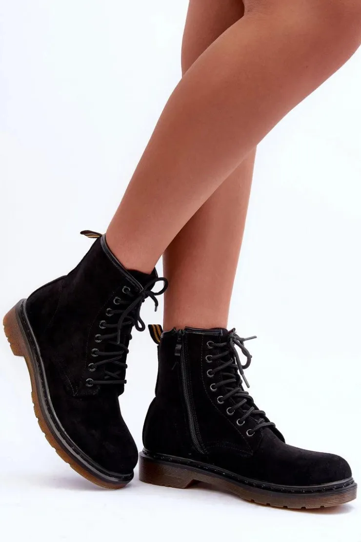 Damskie Boto Zamszowe Botki Workery Na Płaskim Obcasie Czarne Asteoris