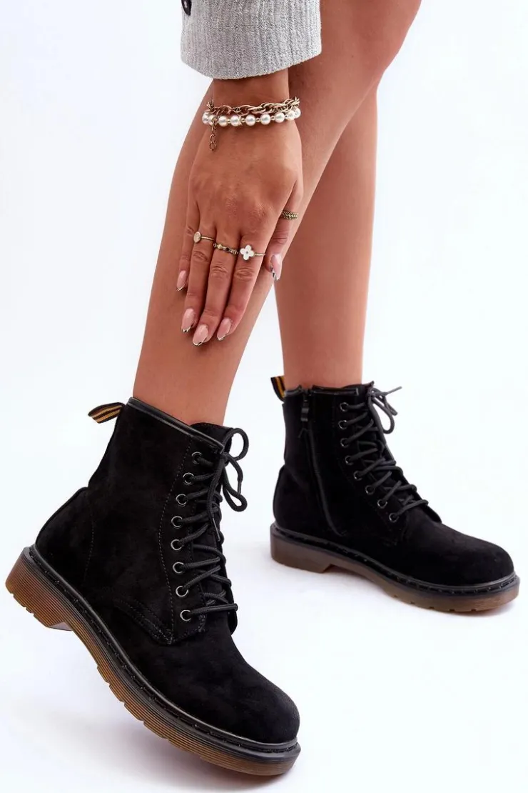 Damskie Boto Zamszowe Botki Workery Na Płaskim Obcasie Czarne Asteoris