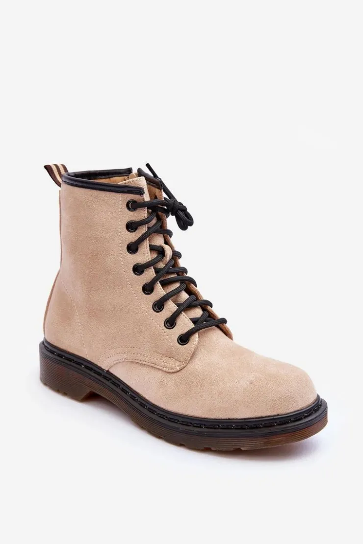 Damskie Boto Zamszowe Botki Workery Na Płaskim Obcasie Beżowe Asteoris