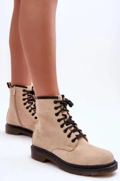 Damskie Boto Zamszowe Botki Workery Na Płaskim Obcasie Beżowe Asteoris