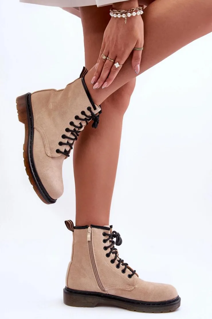 Damskie Boto Zamszowe Botki Workery Na Płaskim Obcasie Beżowe Asteoris