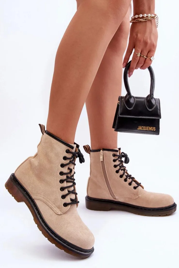 Damskie Boto Zamszowe Botki Workery Na Płaskim Obcasie Beżowe Asteoris