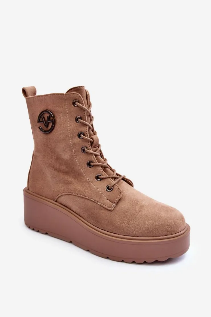 Buty damskie Vinceza Botki Na Koturnie|Botki Ocieplane*Zamszowe Botki Workery Na Masywnej Platformie Koturnie Beżowe Lavica Beżowy
