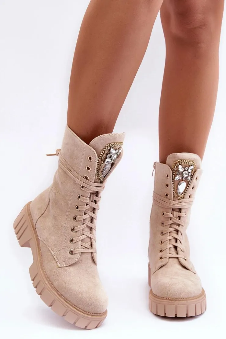 Boto Botki Ocieplane|Botki Sznurowane*Zamszowe Botki Workery Z Biżuteryjną Ozdobą Beżowe Marx
