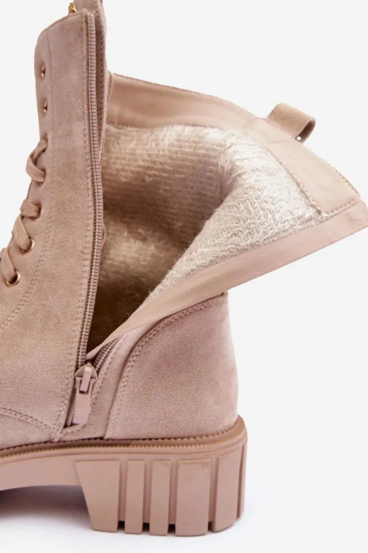 Boto Botki Ocieplane|Botki Sznurowane*Zamszowe Botki Workery Z Biżuteryjną Ozdobą Beżowe Marx