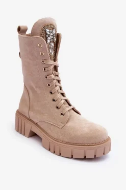 Boto Botki Ocieplane|Botki Sznurowane*Zamszowe Botki Workery Z Biżuteryjną Ozdobą Beżowe Marx