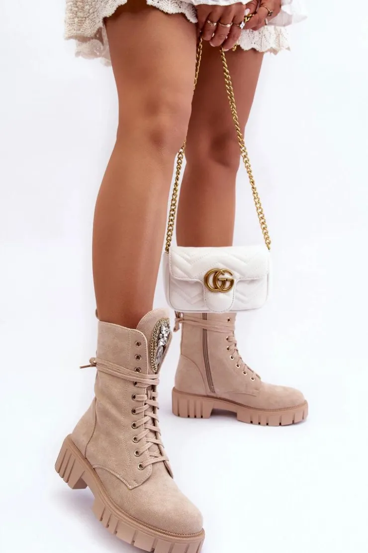 Boto Botki Ocieplane|Botki Sznurowane*Zamszowe Botki Workery Z Biżuteryjną Ozdobą Beżowe Marx