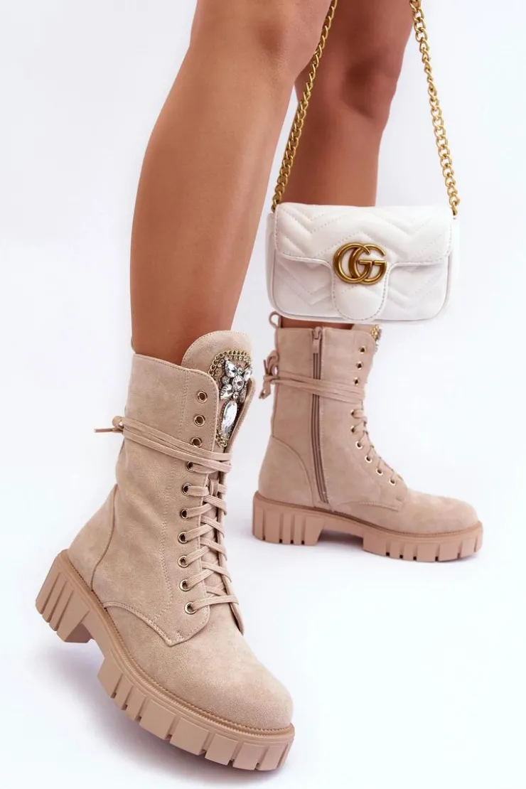 Boto Botki Ocieplane|Botki Sznurowane*Zamszowe Botki Workery Z Biżuteryjną Ozdobą Beżowe Marx