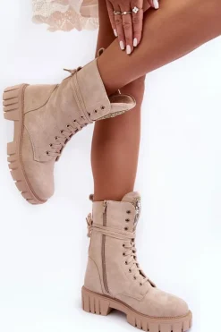 Boto Botki Ocieplane|Botki Sznurowane*Zamszowe Botki Workery Z Biżuteryjną Ozdobą Beżowe Marx