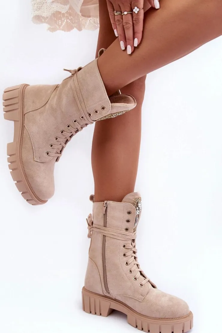 Boto Botki Ocieplane|Botki Sznurowane*Zamszowe Botki Workery Z Biżuteryjną Ozdobą Beżowe Marx