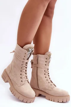 Boto Botki Ocieplane|Botki Sznurowane*Zamszowe Botki Workery Z Biżuteryjną Ozdobą Beżowe Marx