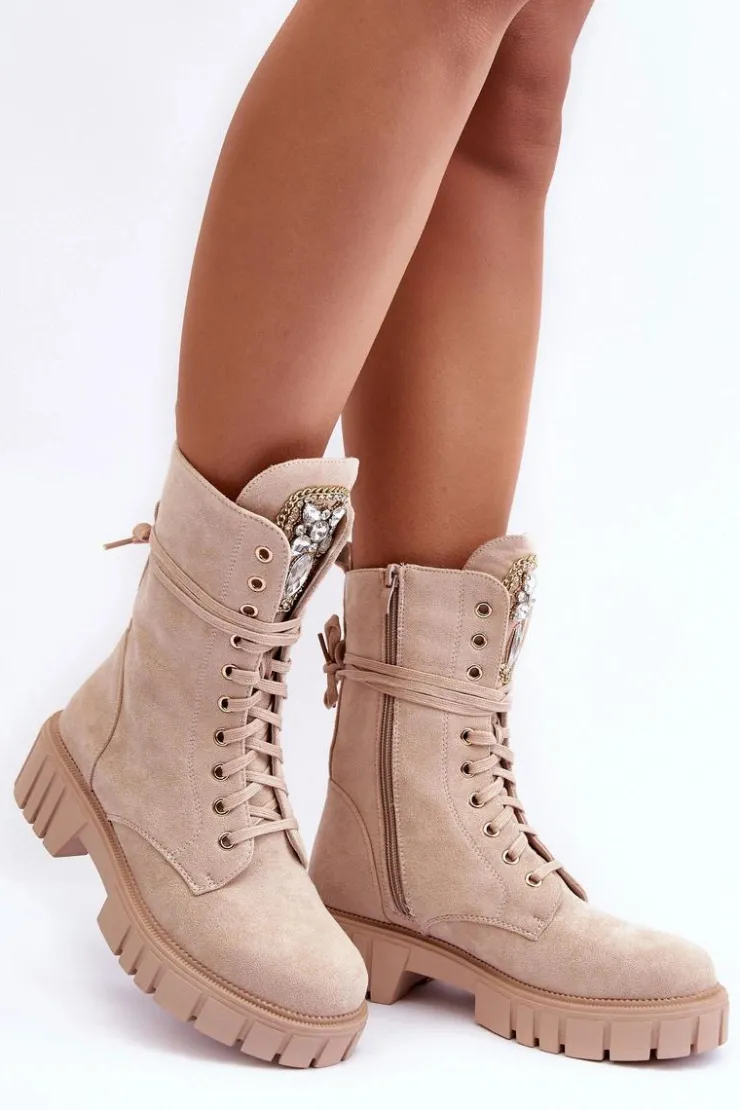 Boto Botki Ocieplane|Botki Sznurowane*Zamszowe Botki Workery Z Biżuteryjną Ozdobą Beżowe Marx