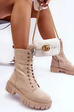 Boto Botki Ocieplane|Botki Sznurowane*Zamszowe Botki Workery Z Biżuteryjną Ozdobą Beżowe Marx