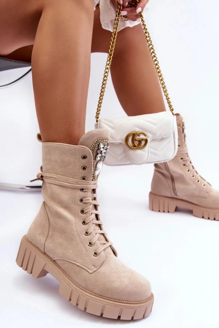 Boto Botki Ocieplane|Botki Sznurowane*Zamszowe Botki Workery Z Biżuteryjną Ozdobą Beżowe Marx