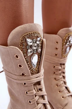 Boto Botki Ocieplane|Botki Sznurowane*Zamszowe Botki Workery Z Biżuteryjną Ozdobą Beżowe Marx