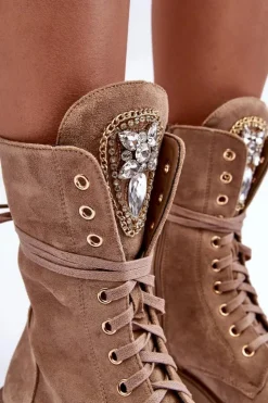 Damskie Boto Zamszowe Botki Workery Z Biżuteryjną Ozdobą Ciemnobeżowe Marx