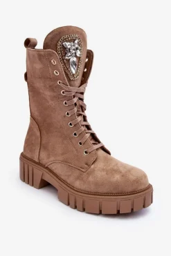 Damskie Boto Zamszowe Botki Workery Z Biżuteryjną Ozdobą Ciemnobeżowe Marx