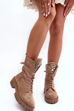 Damskie Boto Zamszowe Botki Workery Z Biżuteryjną Ozdobą Ciemnobeżowe Marx