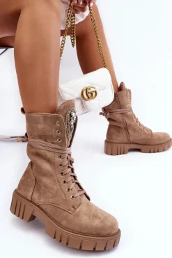 Damskie Boto Zamszowe Botki Workery Z Biżuteryjną Ozdobą Ciemnobeżowe Marx