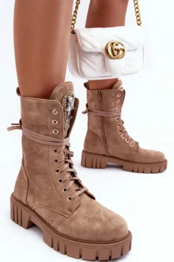 Damskie Boto Zamszowe Botki Workery Z Biżuteryjną Ozdobą Ciemnobeżowe Marx