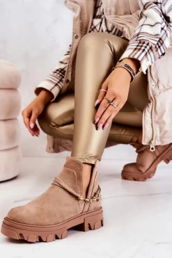 Damskie Boto Zamszowe Botki Workery Z Paskami Beżowe Moriah