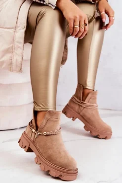 Damskie Boto Zamszowe Botki Workery Z Paskami Beżowe Moriah