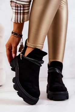 Damskie Boto Zamszowe Botki Workery Z Paskami Czarne Moriah