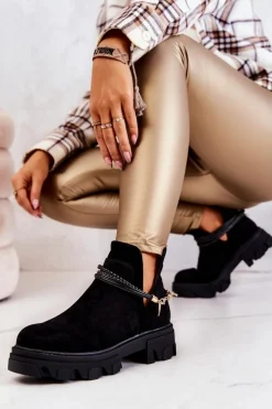 Damskie Boto Zamszowe Botki Workery Z Paskami Czarne Moriah