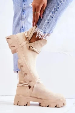 Boto Zamszowe Botki Workery Z Paskami Jasnobeżowe Moriah